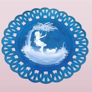 VTG Glass Lattice Blue glass hand painted girl on swing plate very sweet 1976